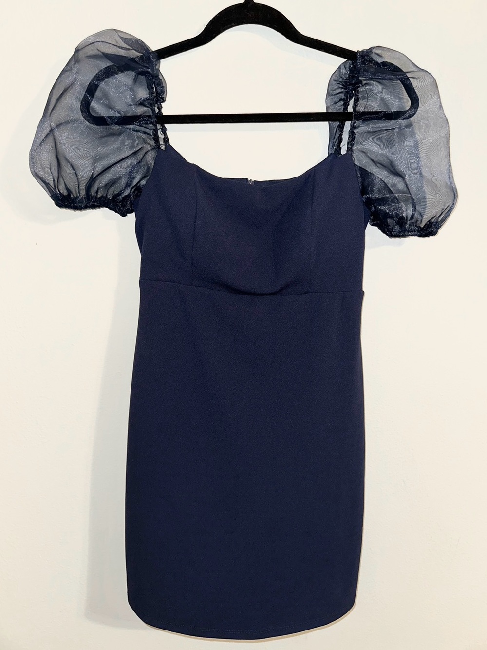 Junp Apparel Navy Blue Dress with Sheer Puff Sleeves